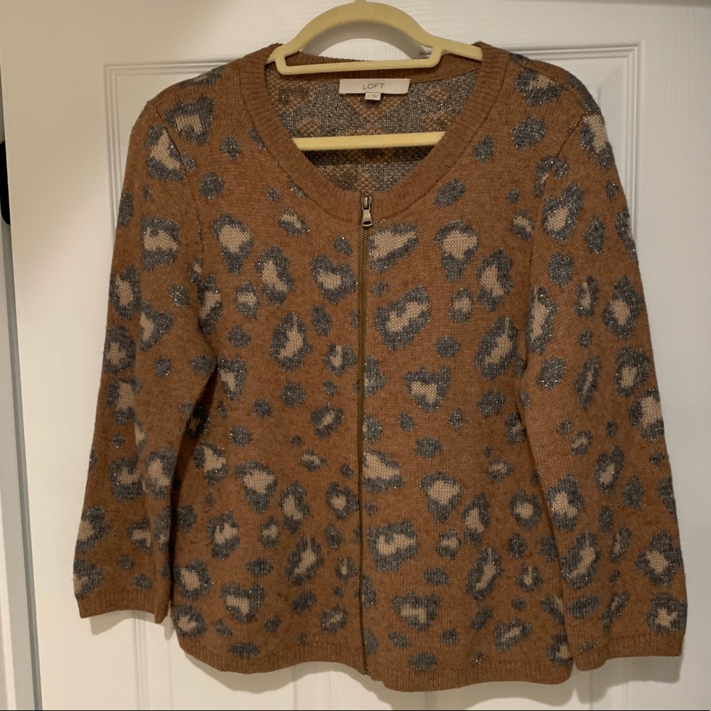 LOFT Leopard Print Front Zip Sweater Size Medium Wool Blend